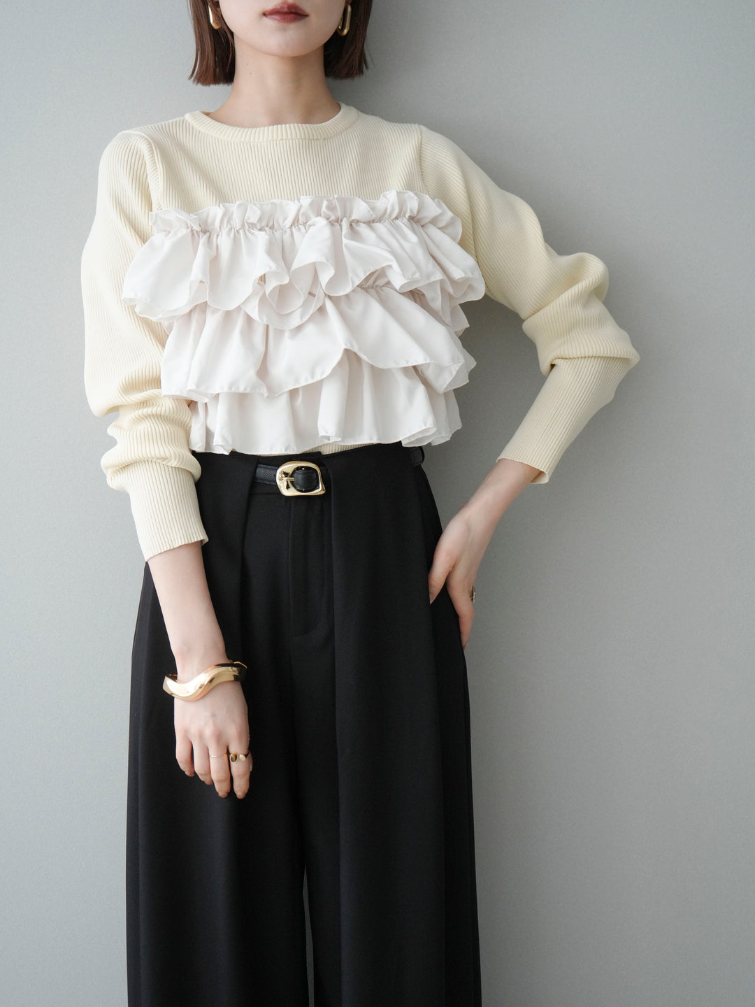 [SET]フリルビスチェドッキングスポンジニットプルオーバー+ベルトループデザインワイドパンツ(2set)