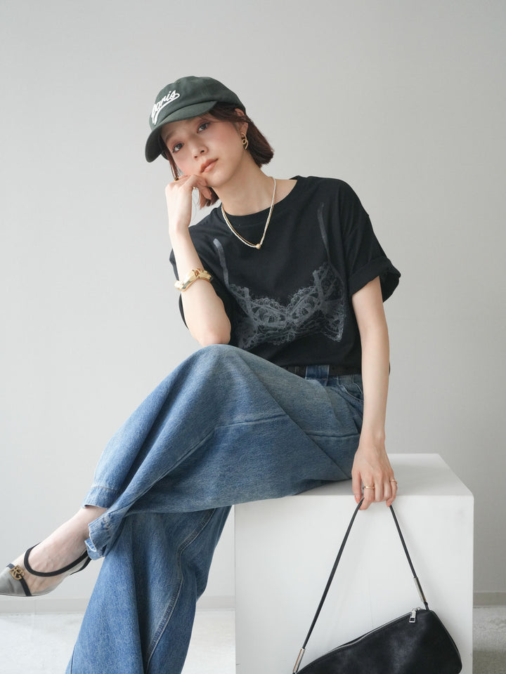 【預購】蕾絲圖案印花T卹/黑色