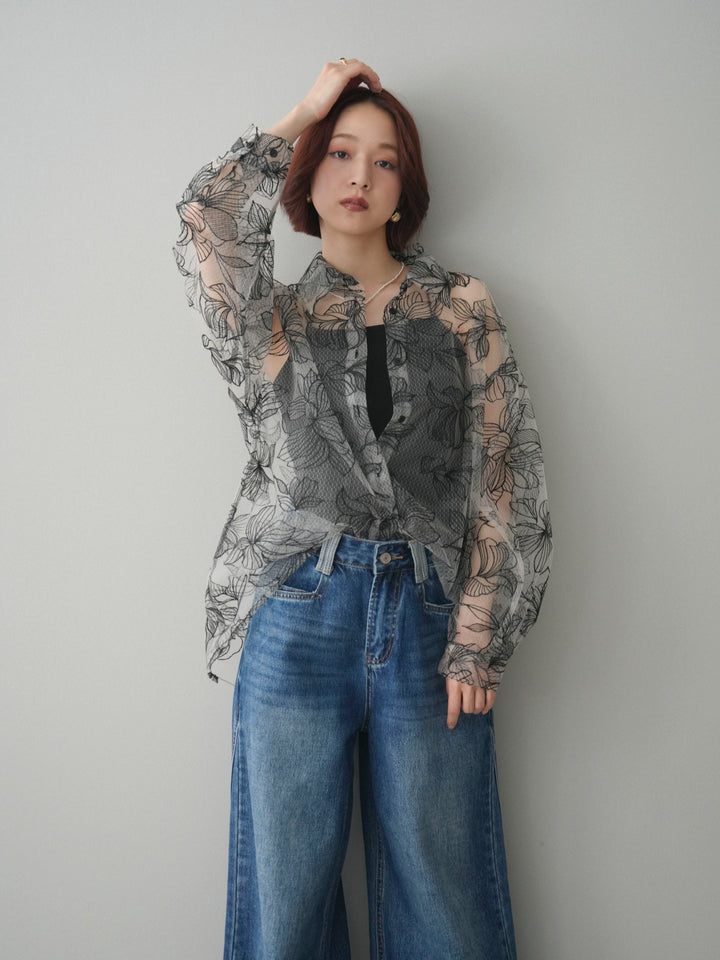 [予約]チュールフラワー刺繍オーバーシャツ/black
