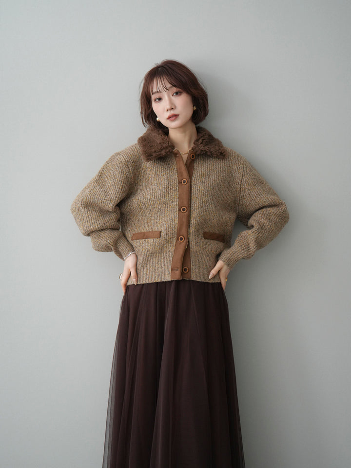 [予約]襟ボアミックスヤーンニットカーディガン/brown
