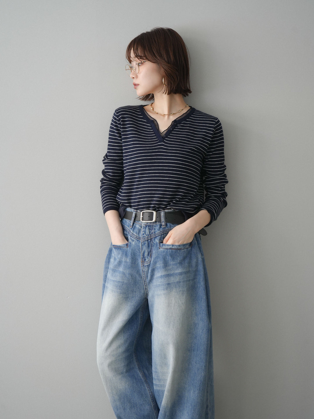 [SET]チュールレイヤードデザインボーダーニットトップス+チュールレイヤードデザインボーダーニットトップス(2set)