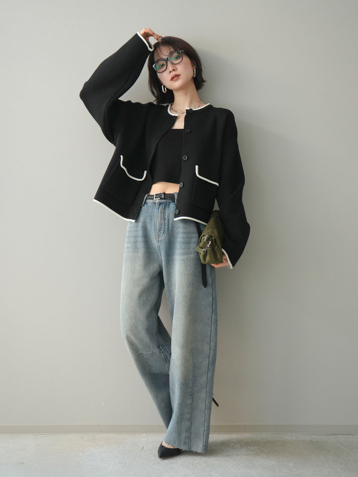 [SET]ポリエステル配色ニットカーディガン+裏起毛カットオフカーブデニムパンツ(2set)