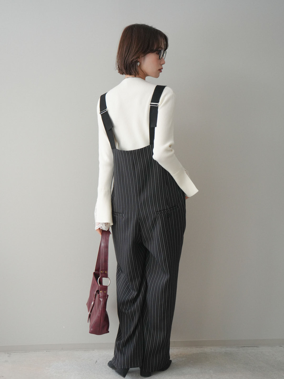 [SET]袖スカラップレースオフネックニットトップス+グログランテープストライプサロペット(2set)