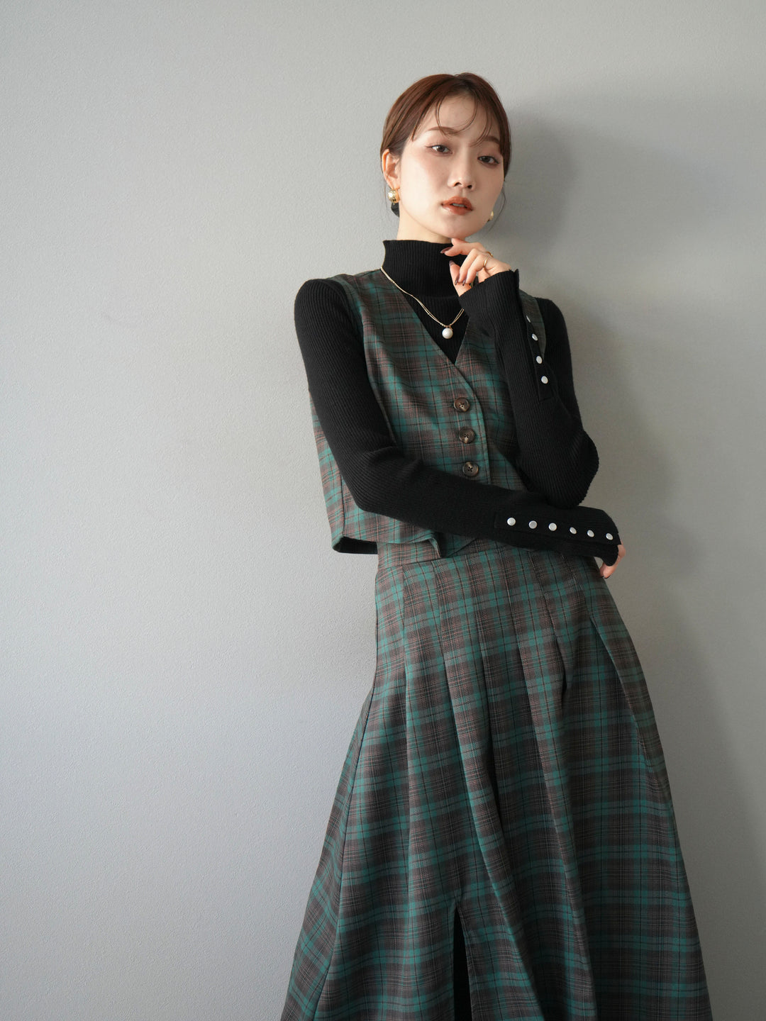 [予約]チェック柄ベスト/グリーン