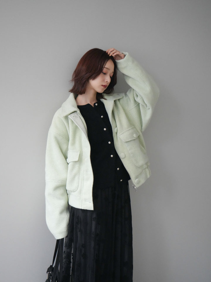 [SET]ウールライクフライトジャケット+アンティークボタンニットカーディガン+フラワーフロッキーチュールプリーツスカート(3set)