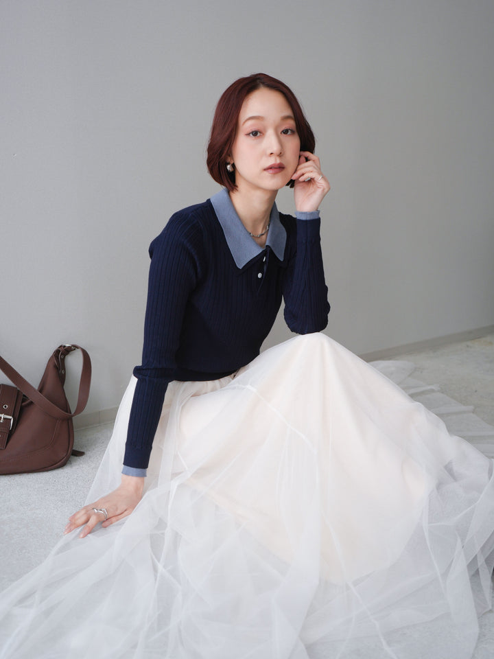 [SET]ダブル襟ポロリブニットトップス+チュールボリュームスカート(2set)