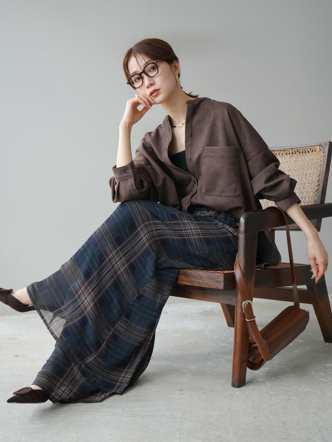 [予約]スエードバンドカラーオーバーシャツ/ダークブラウン