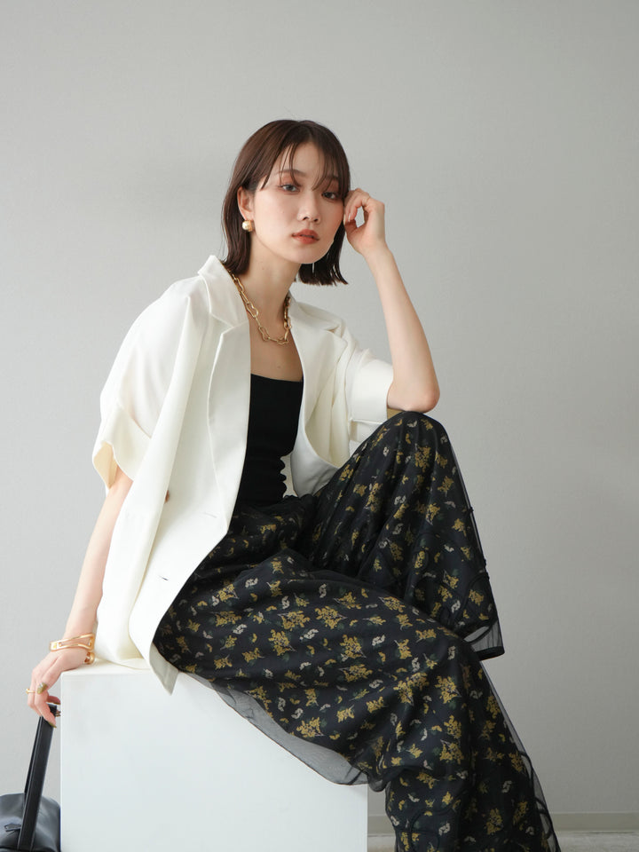 [SET]リネンライクハーフテーラードジャケット+コード刺繍チュールレイヤードパンツ(2set)