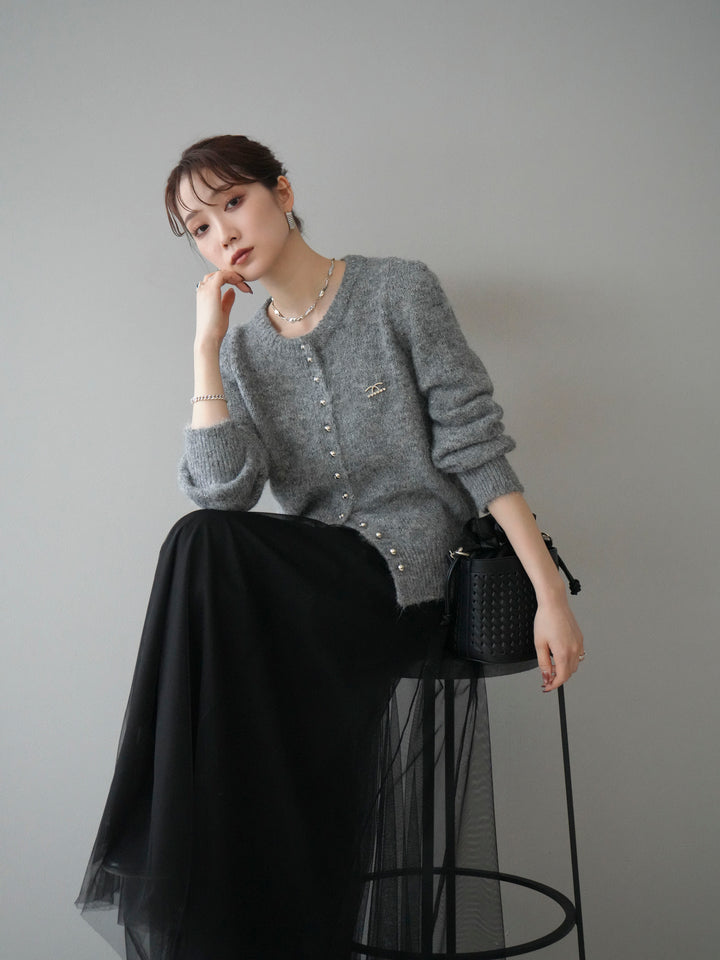 [SET]ブローチ付silverボタンミックスニットカーディガン+選べるアクセセット(2set)