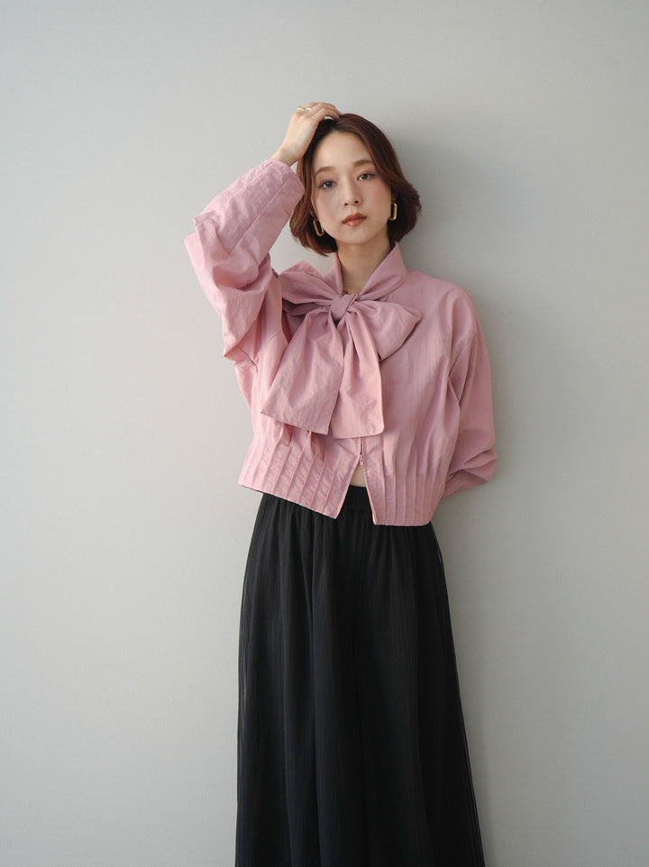 [SET]ボウタイ裾プリーツライトジャケット+ストライプチュールボリュームバギーパンツ(2set)