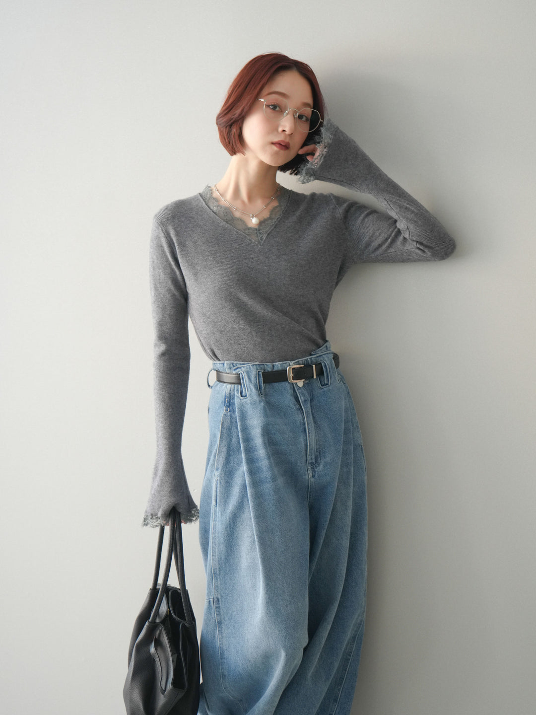 [SET]レースドッキングVネックニットトップス+ハイウエストベルトループデザインデニムパンツ(2set)