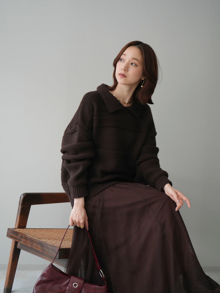 [SET]襟付きボーダー編みニットプルオーバー+チュールボリュームスカート(2set)