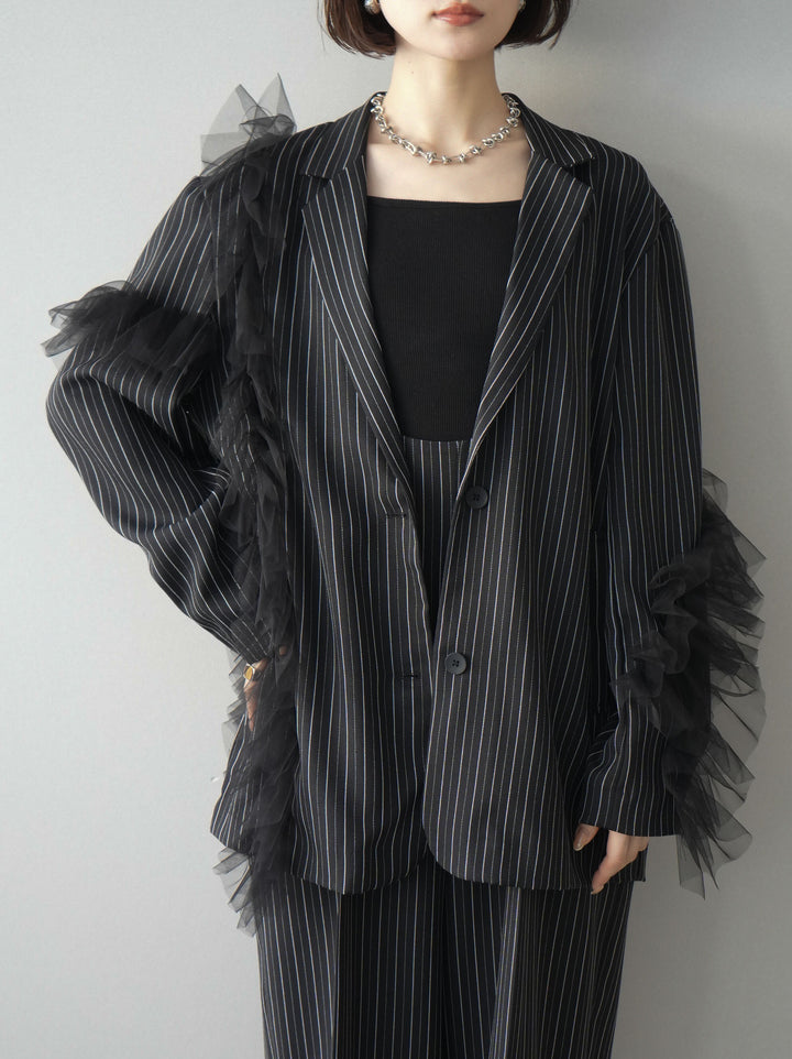 [SET]アシンメトリーチュールストライプジャケット+ヘリンボーンストライプサロペット(2set)
