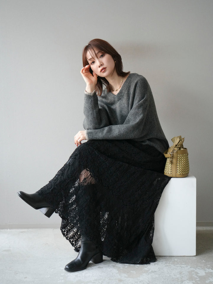 [SET]Vネック配色スリーブニットプルオーバー+選べるアクセセット(2set)