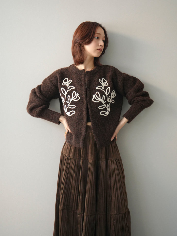 [SET]テープ刺繍ホック開きブークレニットカーディガン+ベロアティアードワッシャースカート(2set)