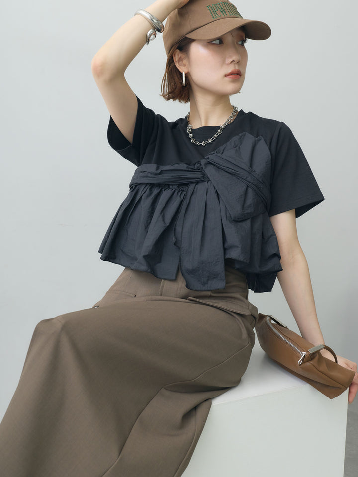 【着回しセット】[SET]ナイロンドッキングツイストTEE +ナイロンドッキングツイストTEE +クレープデシンフラップ付きストレートスカート(3set)