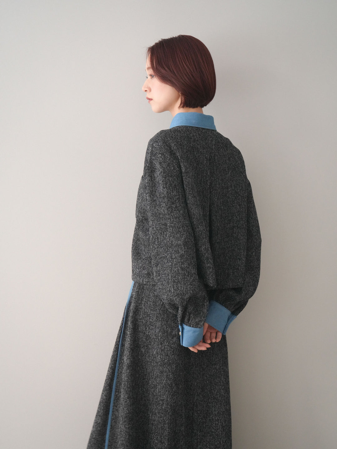 [SET]異素材サマーツイードシャツ+異素材サマーツイードタックフレアスカート(2set)