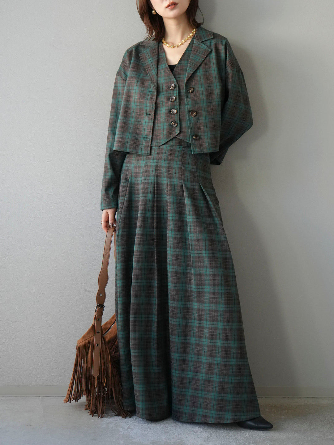 [予約]チェック柄ショートジャケット/グリーン