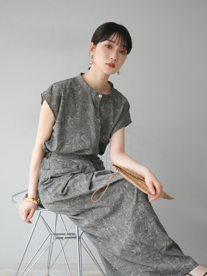 [SET]ペイズリープリントゴールドボタンブラウス+ペイズリープリントタックIラインスカート(2set)