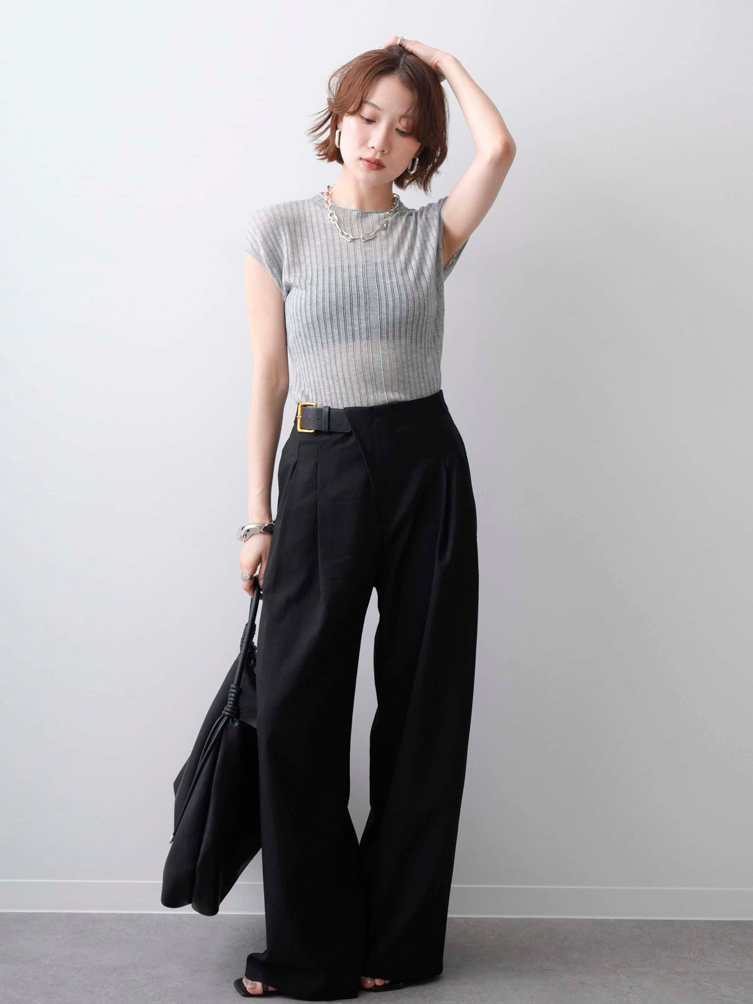 [SET]シアーリブフレンチニットトップス+アシンメトリーベルトタックワイドパンツ(2set)