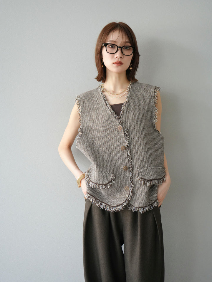 [予約]ツイードライクフリンジニットベスト/ブラウン