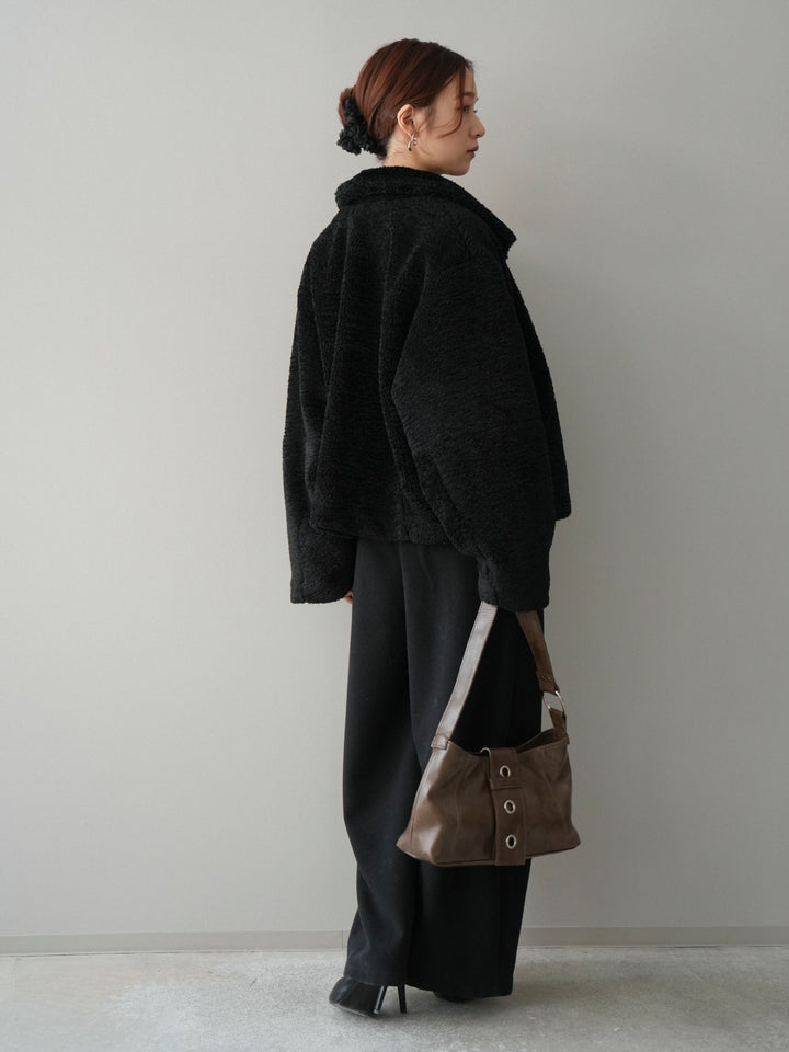 [SET]エコファーステンカラージャケット+ラメ異素材ボーダーリブニットプルオーバー+ベルト付起毛コクーンパンツ(3set)