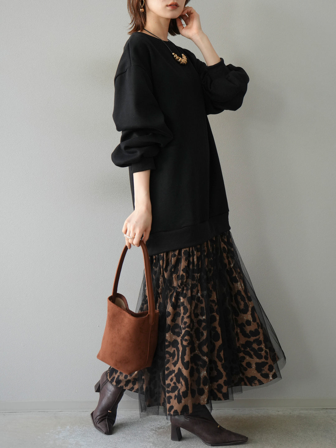 [予約]スウェットドッキングアニマル柄レイヤードワンピース/ブラック