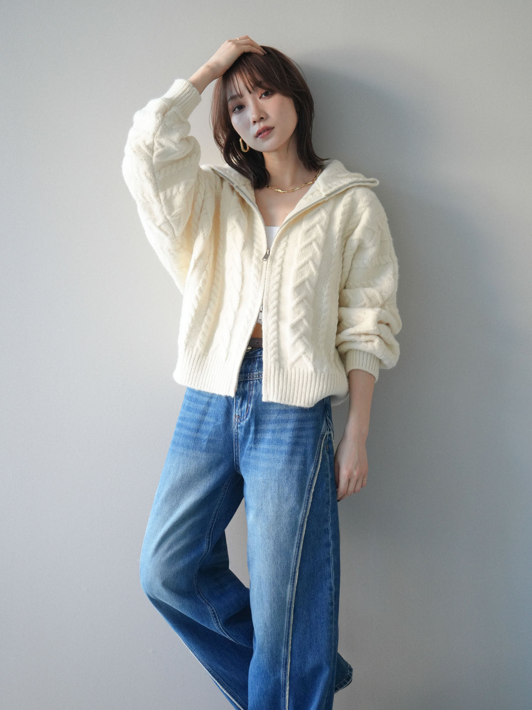 [SET]ケーブル編みハイネックZIPニットカーディガン+ケーブル編みハイネックZIPニットカーディガン(2set)