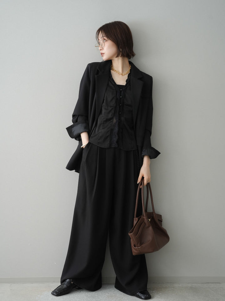 [予約]編み込みベルト付タックワイドパンツ/black