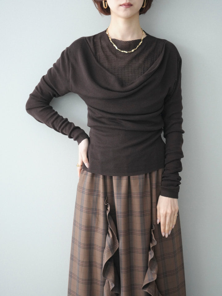 [予約]ボトルネックドレープレイヤードニットトップス/brown