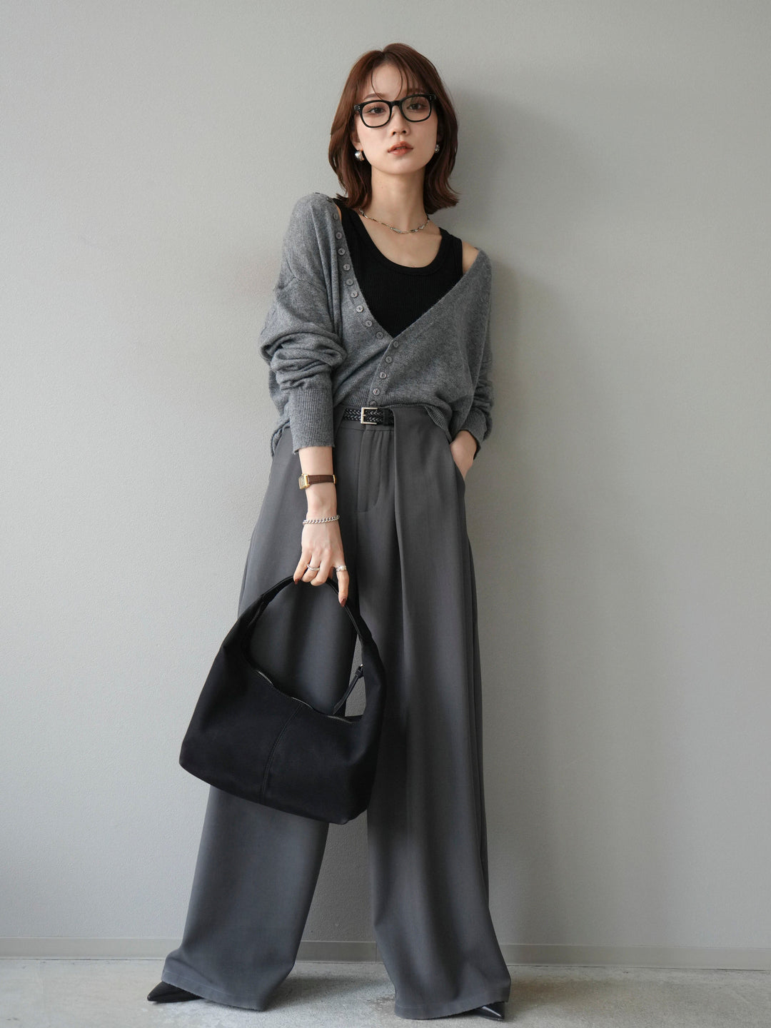 [SET]デザインボタンニットカーディガン＆タンクトップSET+ベルトループデザインワイドパンツ(2set)