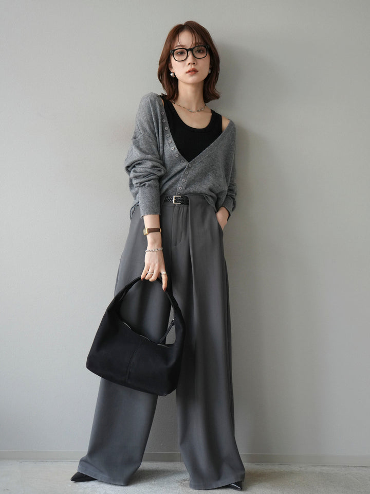 [SET]デザインボタンニットカーディガン＆タンクトップSET+ベルトループデザインワイドパンツ(2set)