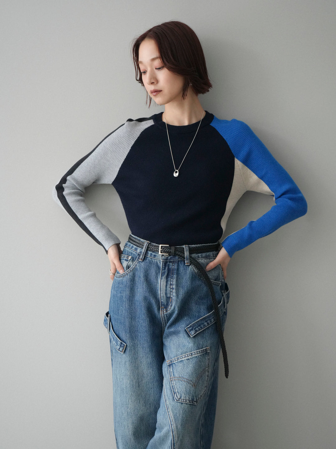 [SET]バイカラーラグランニットトップス+選べるアクセセット(2set)