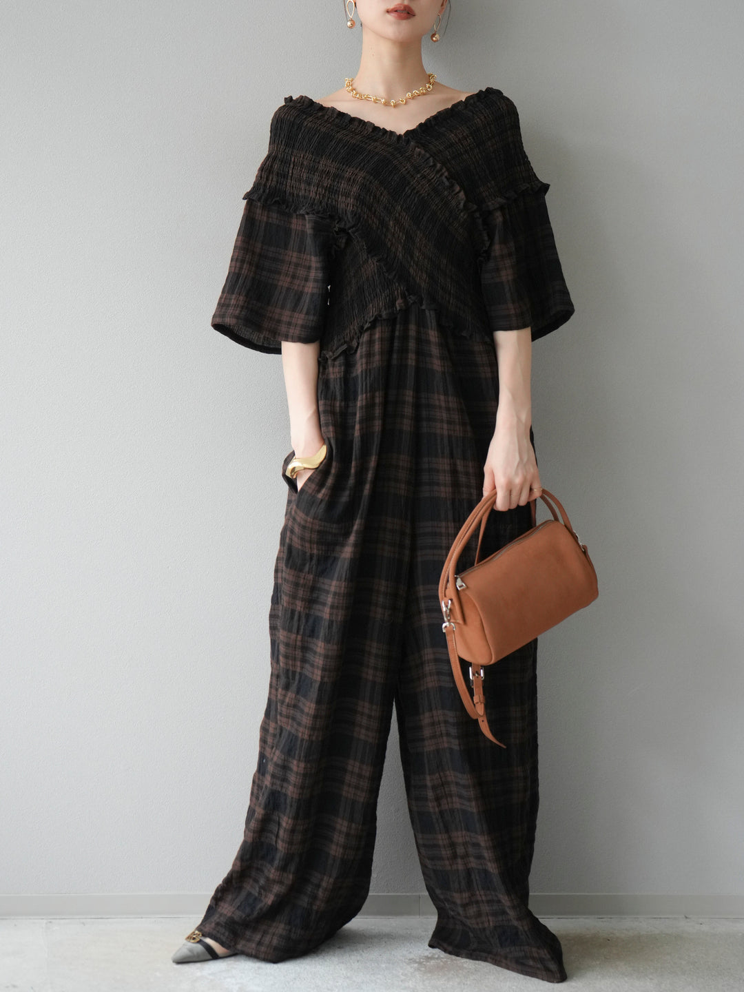 [予約]チェック柄ハーフスリーブシャーリングクロスサロペット/ブラウン