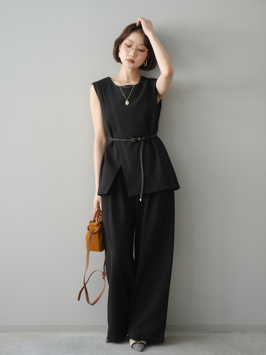 [SET]ベルト付ノースリーブトップス＆ワイドパンツSETUP