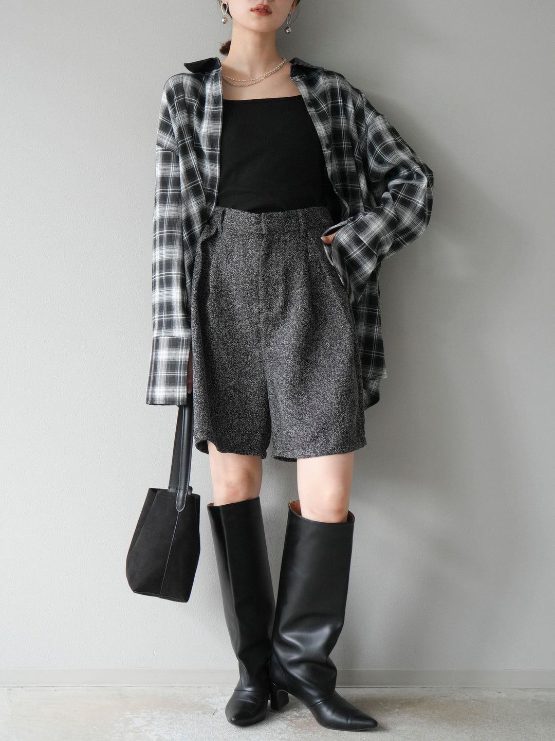 【着回しセット】[SET]レザー襟オンブレチェックオーバーシャツ +クラッシュベロアナロースカート+ツイードハーフパンツ(3set)