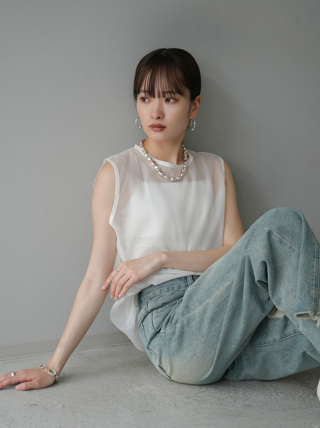 [SET] Organdy sleeveless top + belt asymmetrical damaged denim (2set)