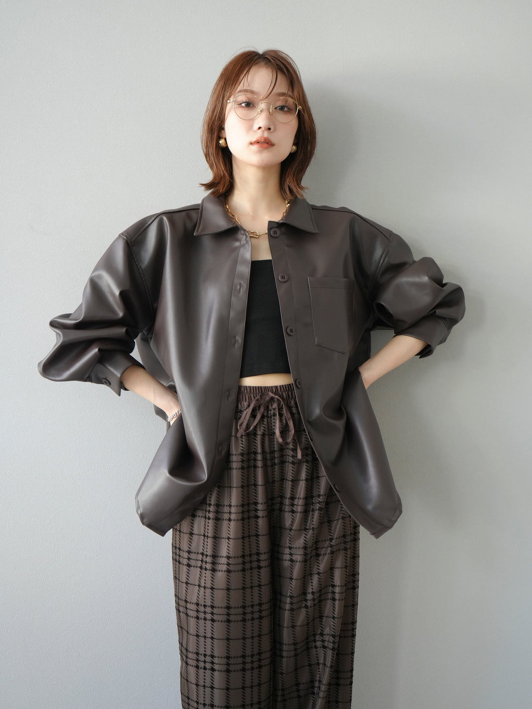 [予約]フェイクレザーシャツ/ブラウン