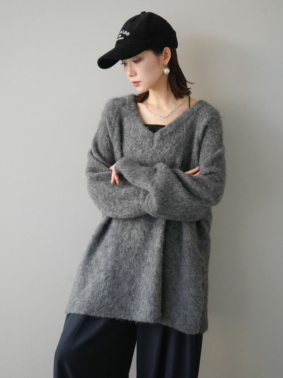 [予約]Vネックオーバーモヘアニットプルオーバー/チャコール