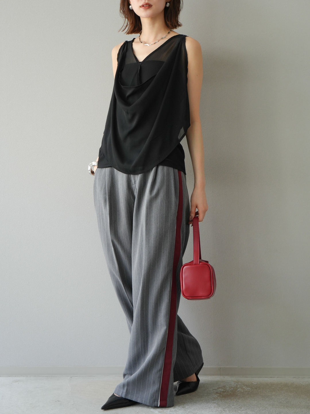 [予約]サイドラインストライプワイドパンツ/グレー