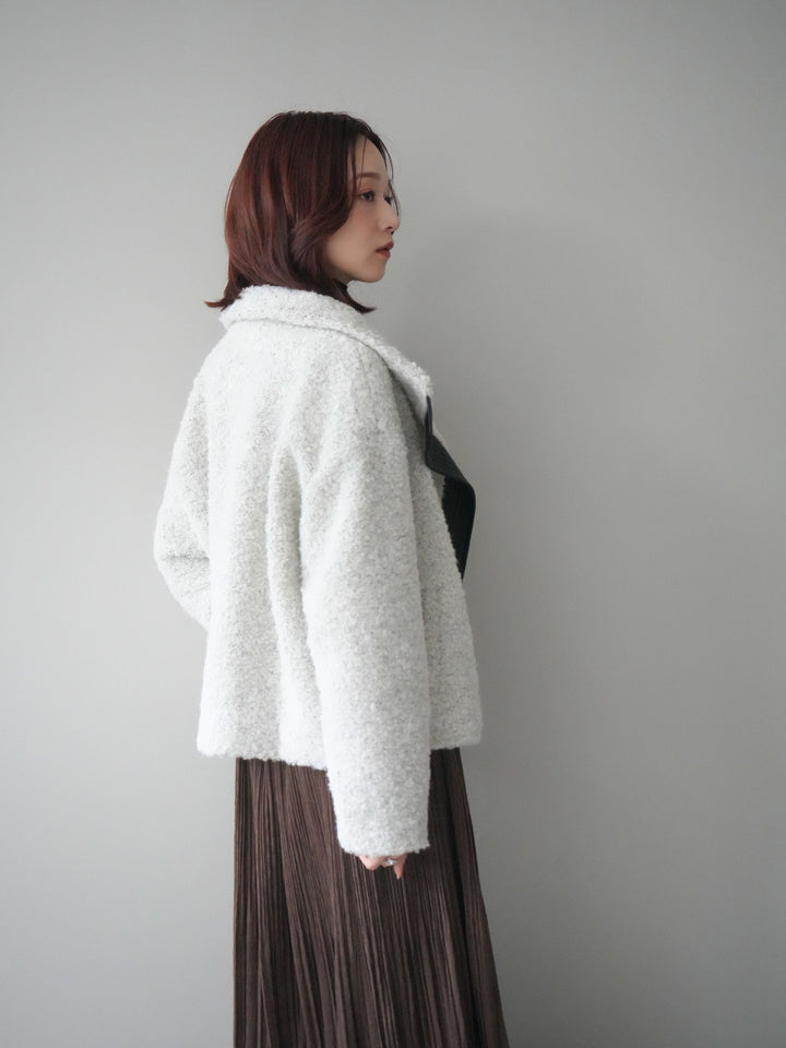 [SET]レザー切替ブークレブルゾン+袖ボタンボトルネックリブニットトップス+裾レーススウェードプリーツマキシスカート(3set)