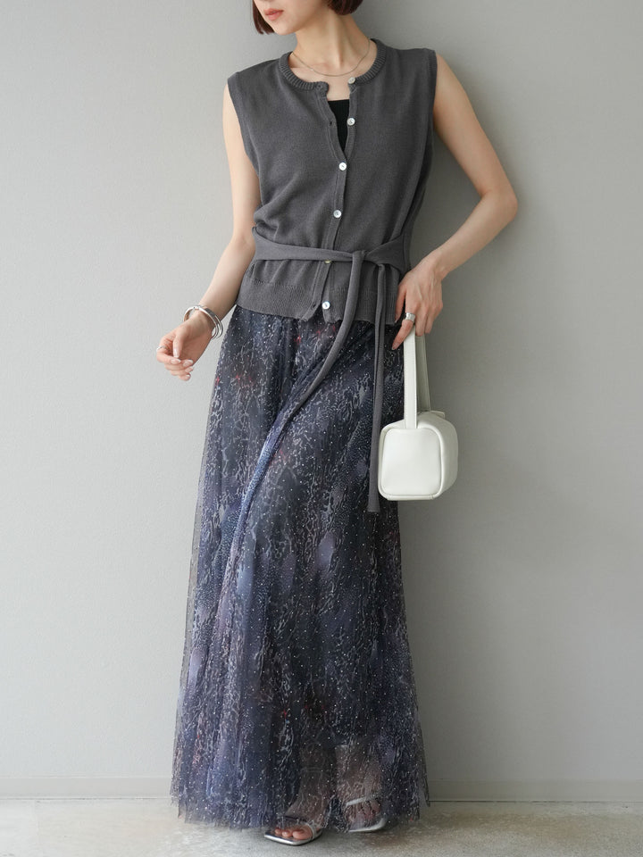[予約]ニュアンス柄チュールレイヤードプリーツスカート/ネイビー