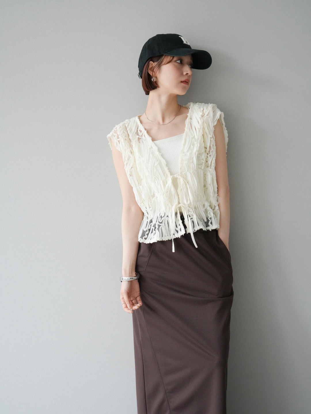 [SET]ジャガードレースリボントップス+スウェットロングスカート(2set)