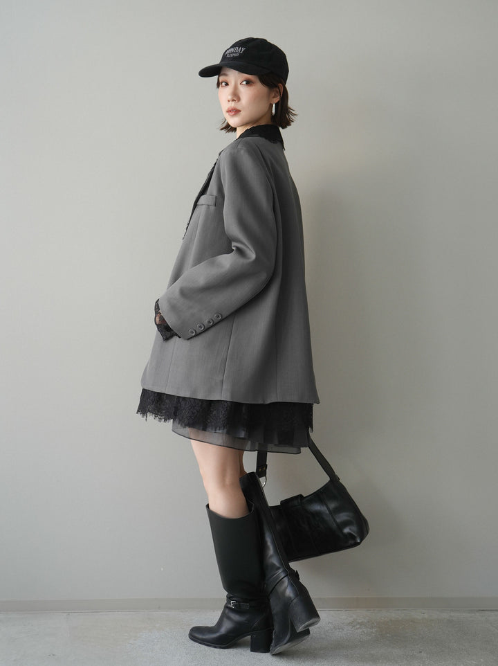 [予約]チュールドッキング裾プリーツミニワンピース/charcoal