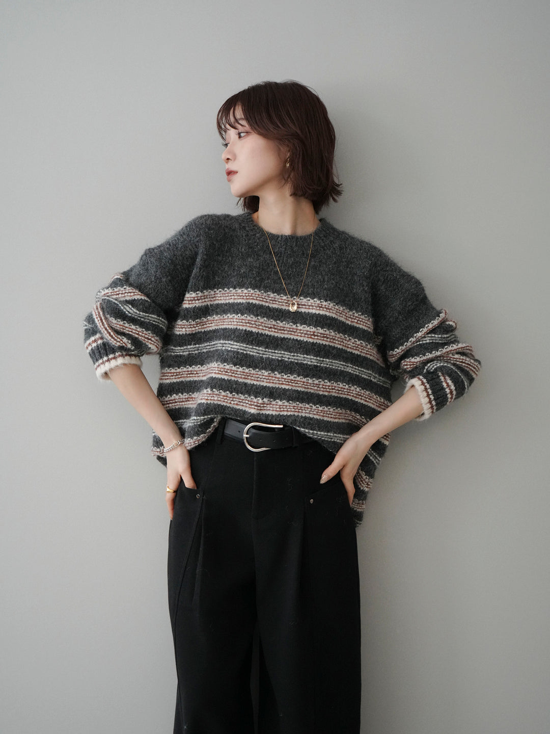 [SET]ステッチボーダーニットプルオーバー+ベルト付起毛コクーンパンツ(2set)