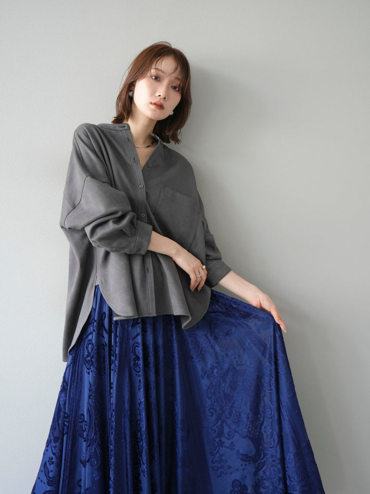 [SET]スエードバンドカラーオーバーシャツ+アンティーク柄フロッキーマキシスカート(2set)