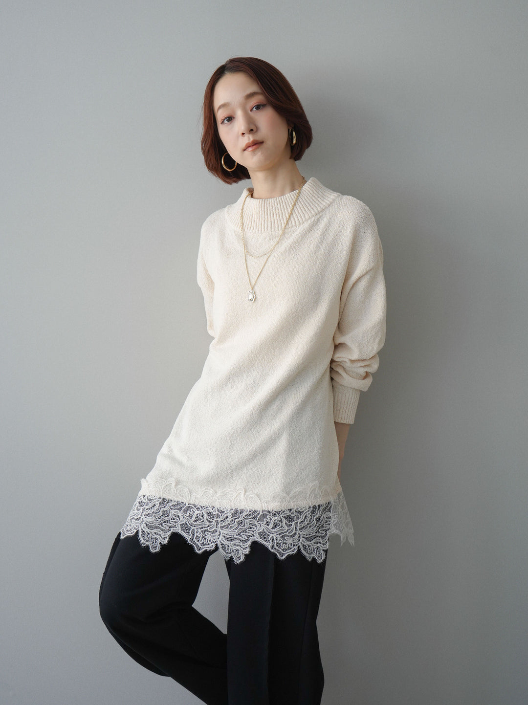 [SET]アシンメトリーレースヘムニットプルオーバー+2WAYデザインスウェットパンツ(2set)