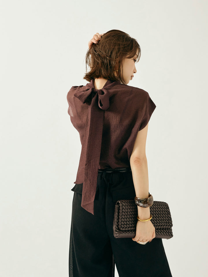 【Allure】[SET]シャイニーシアーブラウス+メッシュタックワイドパンツ(2set)