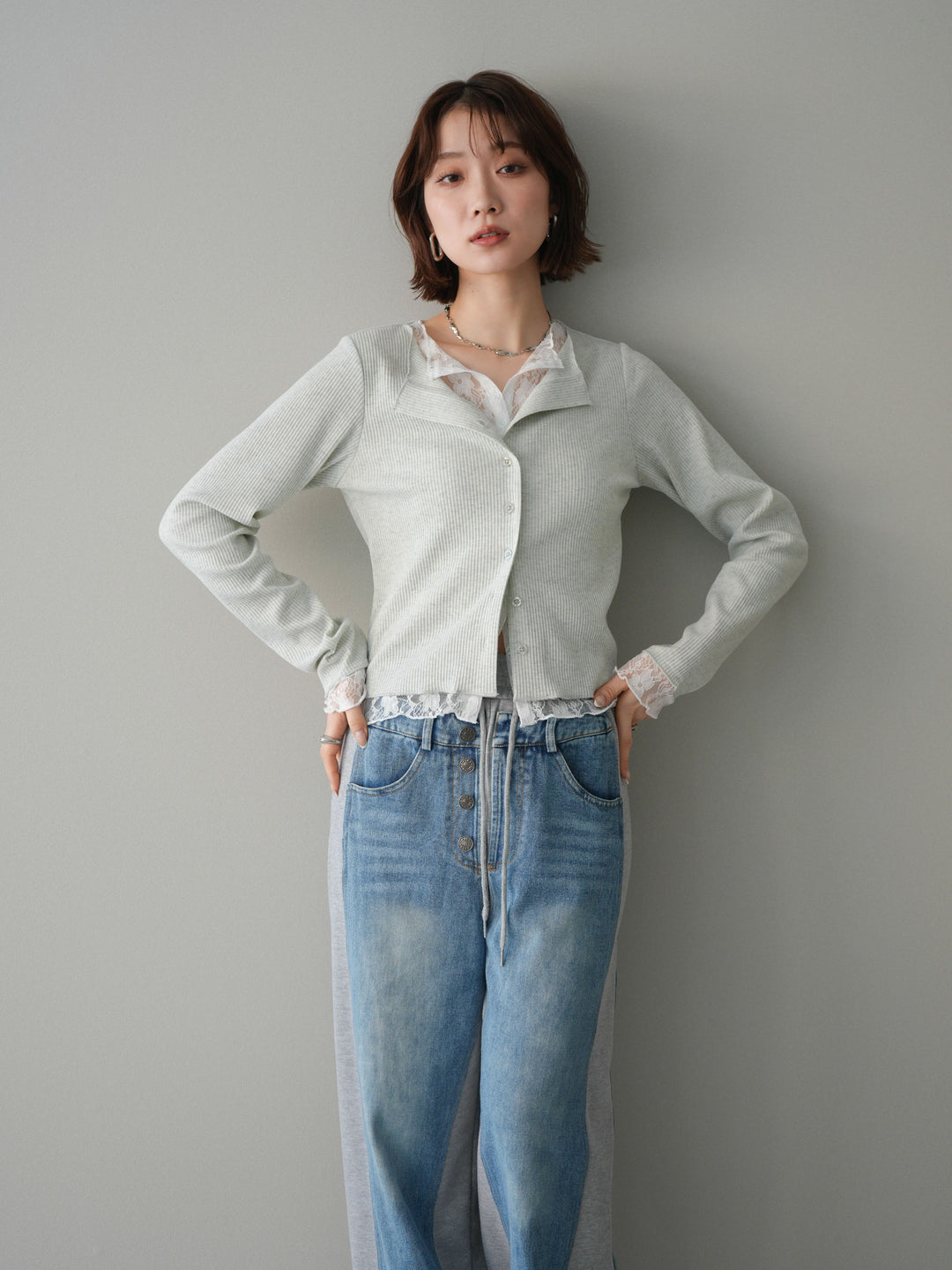 [SET]レースドッキングテレコリブカーディガン+デニム切替スウェットパンツ(2set)