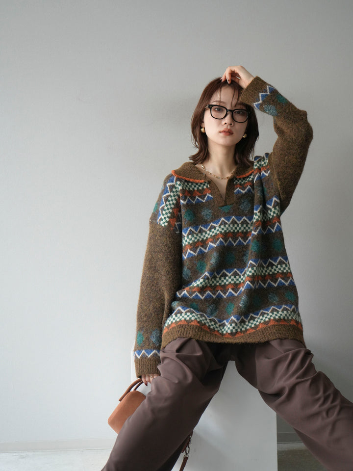 [予約]ノルディック柄ポロニットプルオーバー/ブラウン